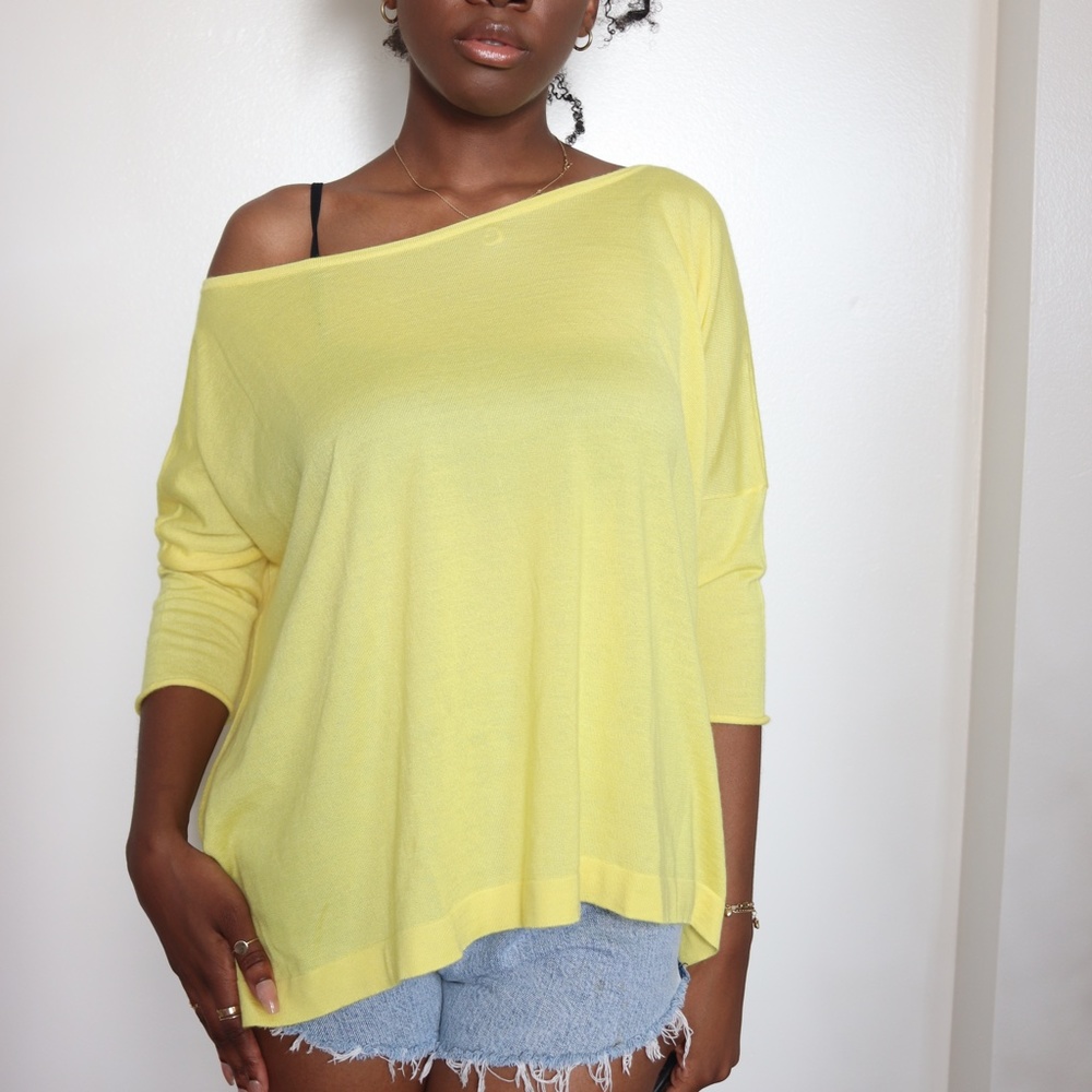 LEETHA Yellow Cashmere Sweater in XS Relaxed Fit, 3/4 sleeve, Round Neck